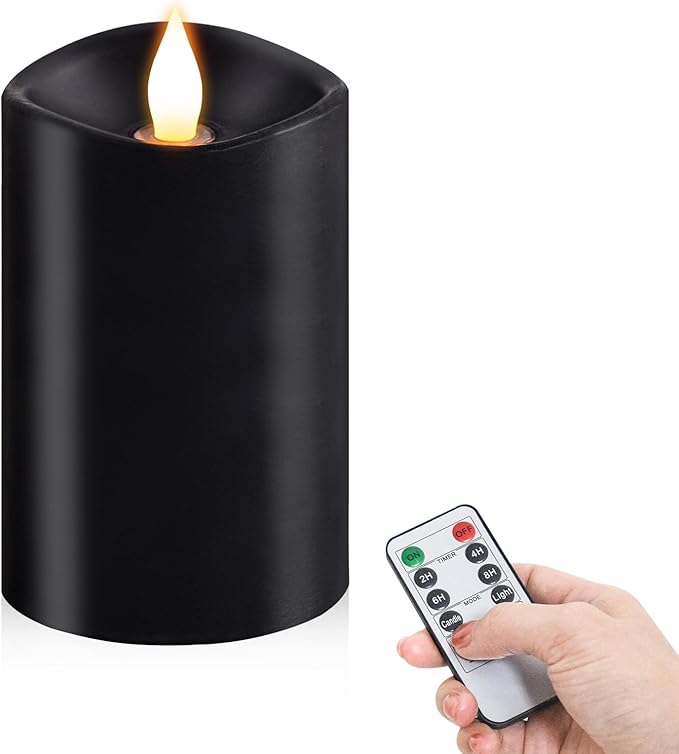 1PCS, 3 x 5 inches Flameless Candle with Remote Control, 3D Flickering Wick, Real Wax Pillar LED Candles, Battery Candles,with Timer,for Holiday Home Decor, Black