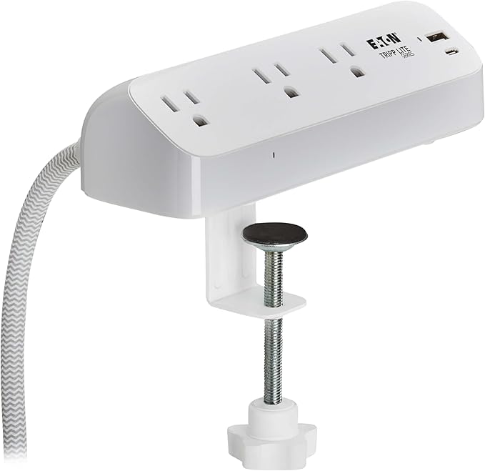 Eaton Tripp Lite Series Desk Clamp Power Strip Surge Protector, 3-Outlets, USB-A & USB-C Charging Ports, 900 Joules, 8ft Braided Flat Extension Cord, Lifetime Manufacturer's Warranty (TLP308U20CLAMP)