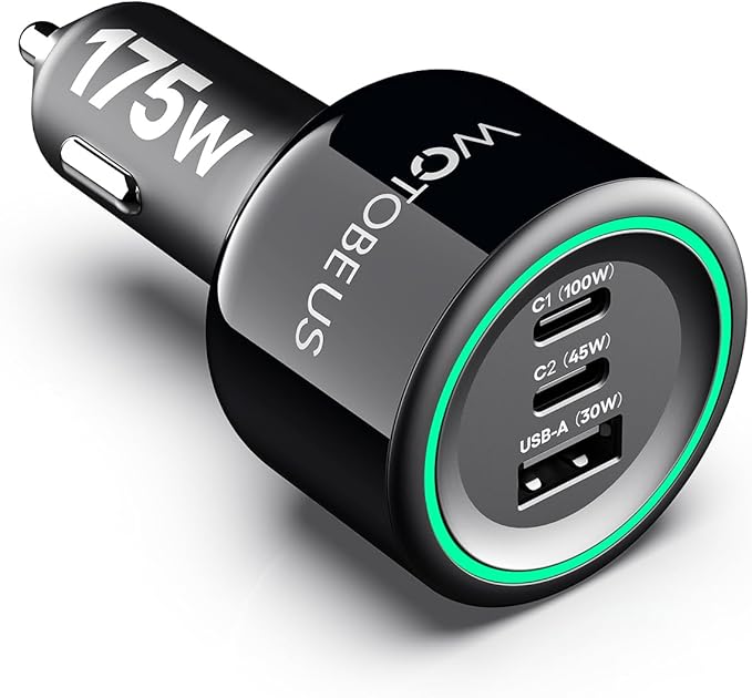 WOTOBEUS 175W Car Charger Dual USB C Adapter: PD 100W & PPS 45W - Super Fast Charging for iPhone 15/14 Max, MacBook Air, iPad Pro, Samsung Galaxy S24/S23 Ultra, Pixel & More Type C Laptops, Grey