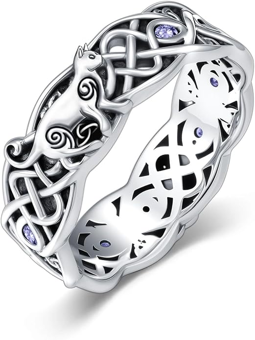 Seiyang Celtic Cat Ring 925 Sterling Silver Irish Trinity Knot Celtic Cat Wedding Promise Ring with 12 Months Birthstone Irish Lucky Jewelry Gifts for Women Mom Her