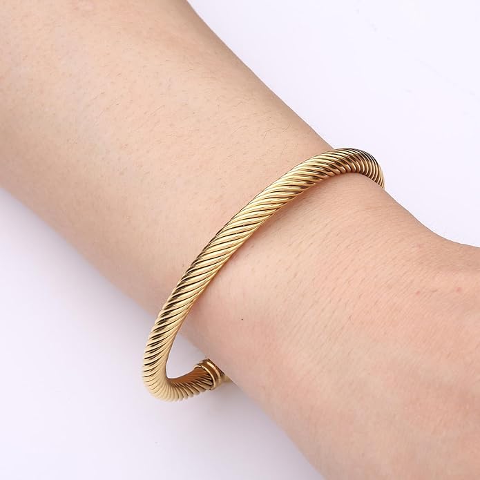 Adjustable C-Shape Open Cuff Bangle, Twisted Cable Bracelet for Men & Women, Chic Stainless Steel Unisex Jewelry Gift for Him Her, Unique Anniversary Present