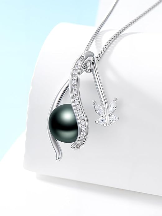 Tahitian Black Pearl 18K White Gold Plated Sterling Silver Heart/Infinity/Four Leaf Clover Pendant Necklace Jewelry Gifts for Women Wife Mom Girlfriend Wedding Birthday Anniversary Christmas