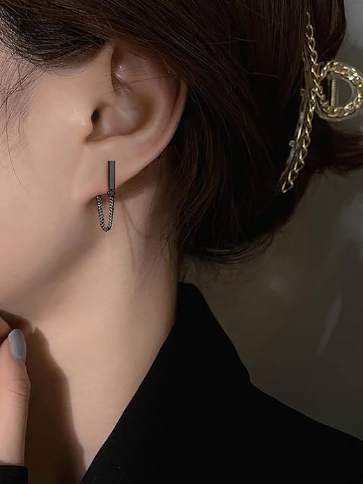 Reffeer Solid 925 Sterling Silver Stud Earrings Minimalist Bar Earrings with Chain Dangle Earrings For Women