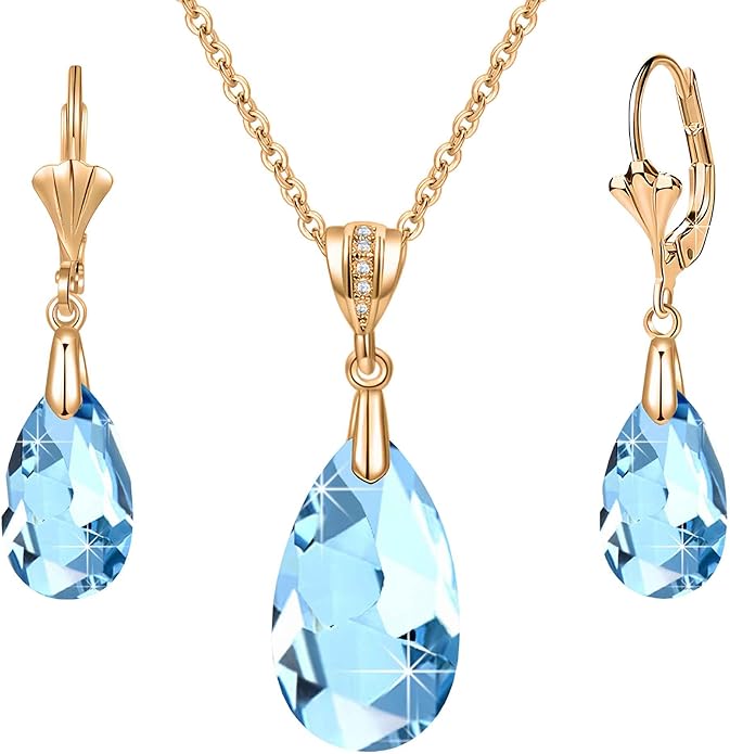 EVEVIC Austrian Crystals Teardrop Pendant Necklace Earrings for Women 14K Gold Plated Hypoallergenic Leverback Drop Dangle Earrings Jewelry Set