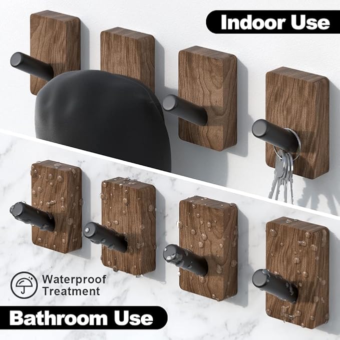 4 PCS Black Walnut Wood Wall Hooks, Adhesive Mounted & Wall Mounted Rustic Decorative Entryway Hooks, Mid Century Modern Natural Wooden Pegs for Hanging Coat Clothes Hat Bag Purse and Towel