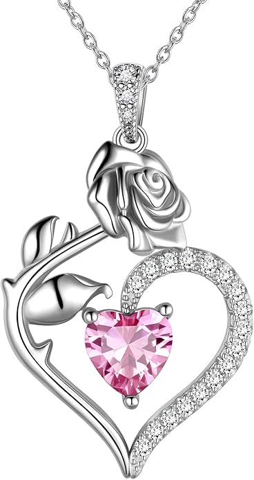 Jewmon Valentine Day Gifts for Her Rose Heart Birthstone Necklace for Women 925 Sterling Silver Birth Stone Flower Rose Necklace Anniversary Love GIfts for Girlfriend Wife Mom Birthday Gifts for Her