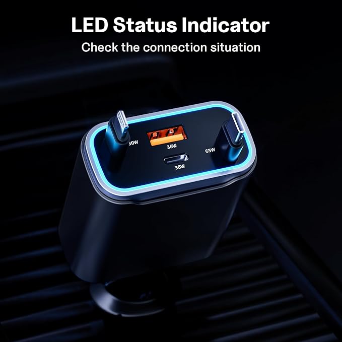 Retractable Car Charger USB C 131W 4-in-1 Fast Charging with 2 Retractable Cables Car Phone Charger Adapter for iPhone 16 15 14 13 Fast Charge Car Accessories, Gifts for Men Women