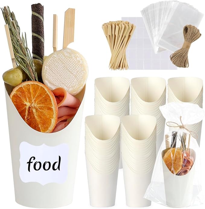 12oz White Charcuterie Cups 50 Pcs, 100 Sticks + 50 Plastic Bags + 50 Labels, Disposable Charcuterie Cups with Sticks and Bags, Individual French Fry Cup Paper Appetizer Cup for All Parties