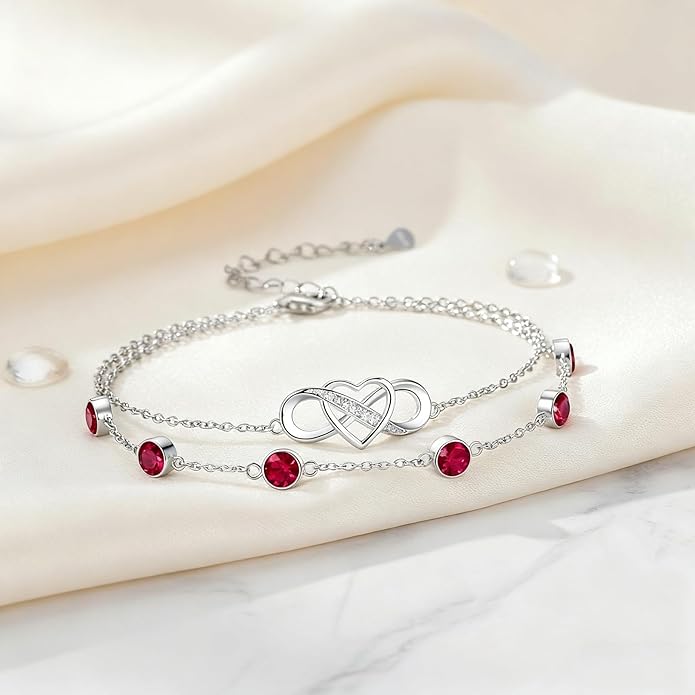 Prismata Infinity Birthstone Charm Link Bracelet 925 Sterling Silver Adjustable 12 Months Birthstone Infinity Bracelet Birthday Jewelry Gifts for Women Mom Her,with 7"+2" chain