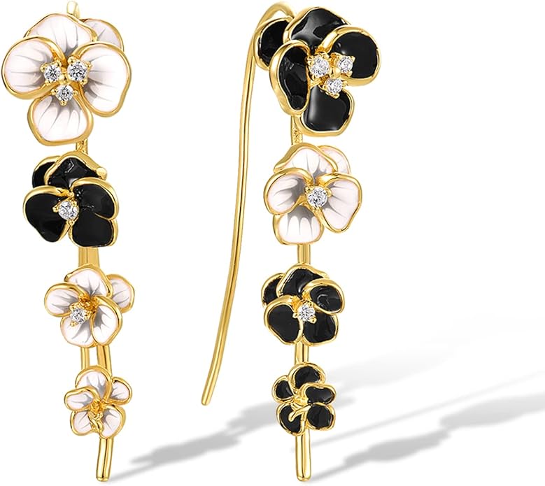 Santuzza 925 Sterling Silver Enamel Flower Ear Cuffs Climber Earrings for Women