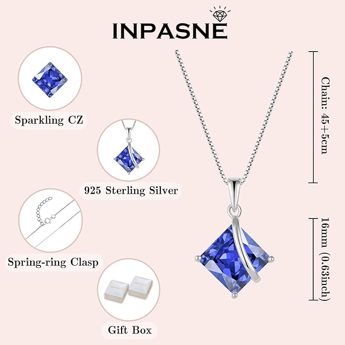 Square Princess Cut Necklace and Earrings Set 925 Sterling Silver Solitaire Tanzanite Jewelry Set for Women December Birthstone Jewelry Gifts for Her