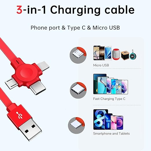 3 Pack Three in One Charging Cable Cord. 3 in 1 Charging Cable Retractable. Compatible USB C(Type-C)/Micro USB/IP, Compatible with Phone, Android, Tablet (Blue+Red+Green)