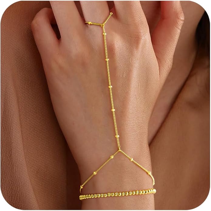 Yoosteel Hand Chain Bracelet for Women - Valentines Gifts Dainty 14K-Gold-Plated Finger Ring Hand Chains Layered Trendy Link Bracelets Jewelry Gift for Women