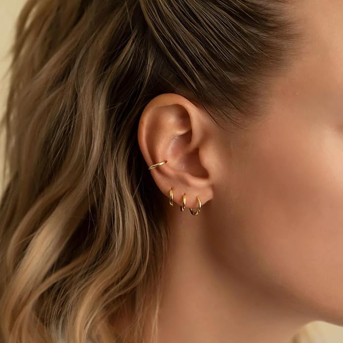 Small Gold Huggie Hoop Earrings Set for Women Men Hypoallergenic 14K Plated Stack Cartilage Earrings, Multiple Piercing Lightweight Mini Thin Cute Dainty Trendy Jewelry Set Christmas Gifts for Women
