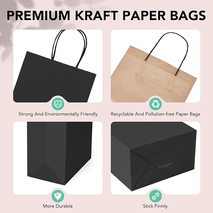 METRONIC 100 Pack 8x4.75x10.5 Inches Paper Gift Bags Black, Medium Kraft Shopping Bag with Handles for Small Business, Boutique, Party Favors, Retail Stores, Gift Wrap, Bulk