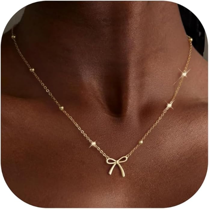 Valentines Day Gifts for Her - Dainty Bow Necklace for Women 14K Gold Plated Cute Choker Small Pendant Charm Necklaces Teen Gift Trendy Stuff Personalized Jewelry