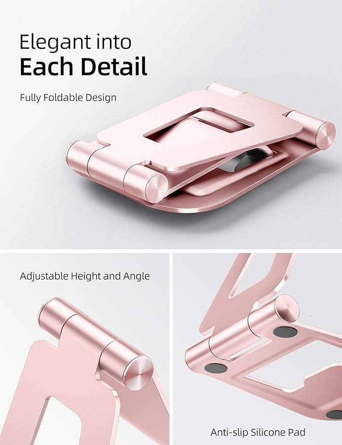Nulaxy Aluminum Dual Foldable iPad Stand, Fully Adjustable Desktop Tablet Holder, Tablet Accessories for Office Kindle Compatible with Mobile Devices iPad Pro/Air/Mini, iPhone Pro/Max/Plus, Rose Gold