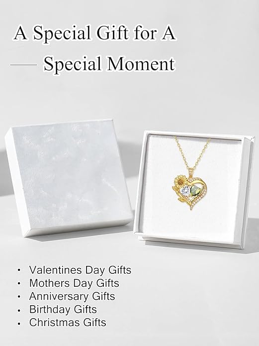 Sunflower Heart Necklace for Women 14K Gold Exquisite Valentines Day Anniversary Birthday Gifts for Wife Mother Her Double Birthstone Pendant Jewelry‘You Are My Sunshine’