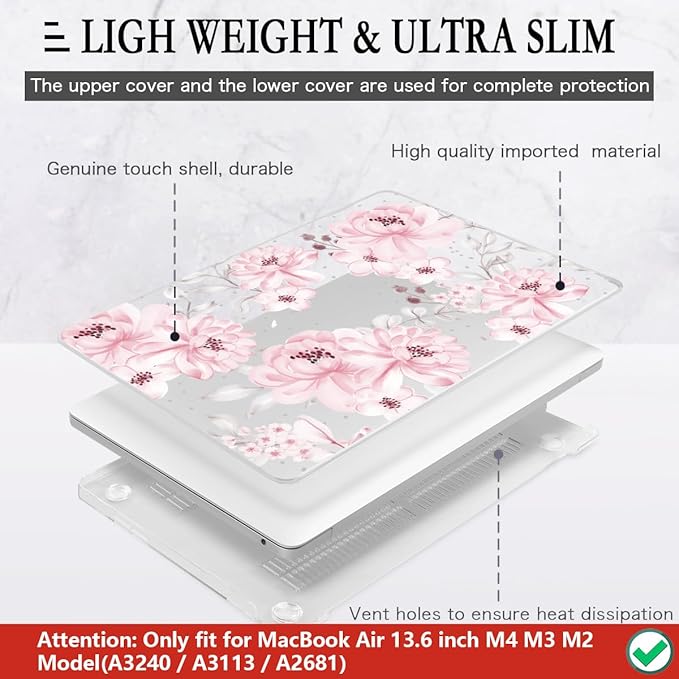 CISSOOK Compatible with MacBook Air 13.6 inch Case M4 M3 M2 Chip 2025 2024 2023 2022 Release, Plastic Hard Shell Case Keyboard Cover Screen Protector for Mac Air 13 A3240 A3113 A2681, Cute Pink Flower