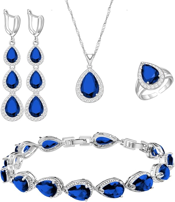 LMXXVJ Necklace Long Earrings Bracelet Set, White Gold Plated Created Blue Sapphire Jewelry Set Wedding Party Gift Jewelry for Women Bridal Bridesmaid