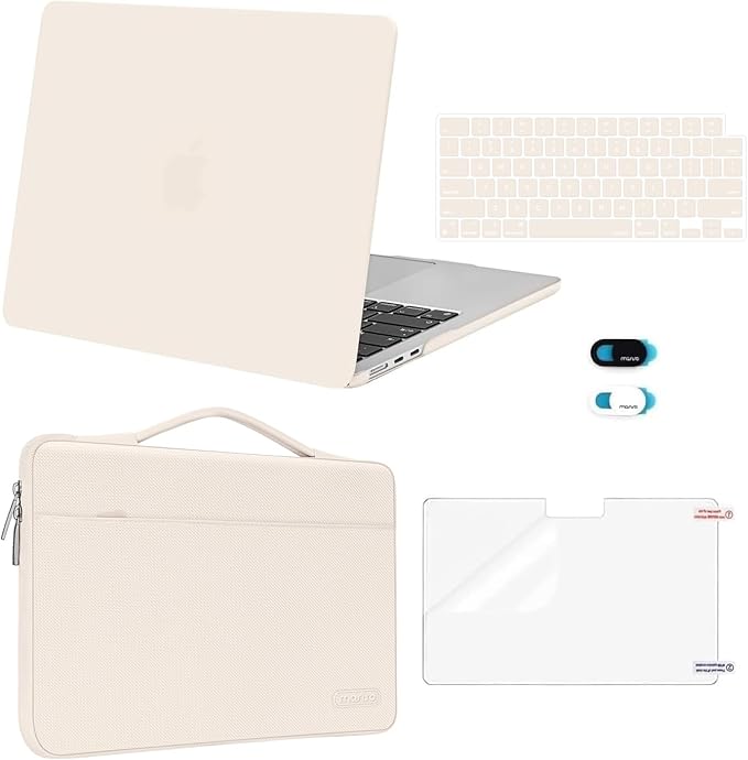 MOSISO Compatible with MacBook Air 13 inch Case 2025 2024 2023 2022 M4 A3240 M3 A3113 M2 A2681, Hard Shell&Sleeve Bag&Keyboard Skin&Webcam Cover&Screen Film for MacBook Air 13.6 inch, Beige