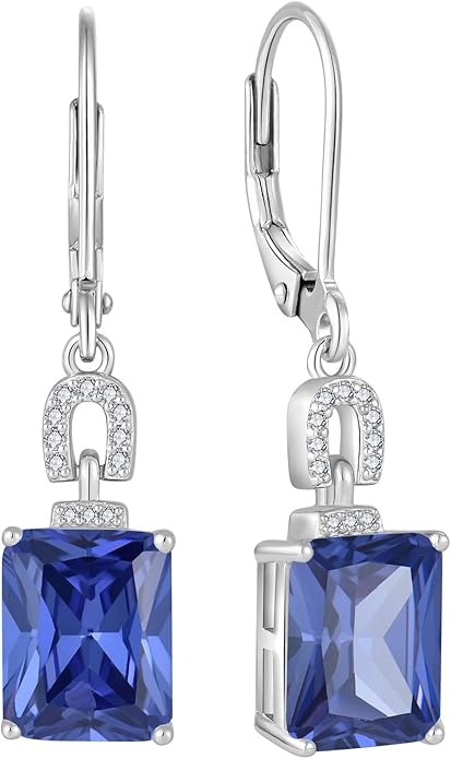 Emerald Cut Earrings 925 Sterling Silver Baguette Birthstone Dangle Drop Leverback Earrings Jewelry Gifts for Women