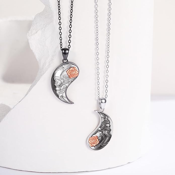MEDWISE Yin Yang Skull Necklaces 925 Sterling Silver Yin Yang Matching Couples Pendant Friendship Couples BFF Pendant Necklace Jewelry for Her Him with Gifts Box Valentines Gifts