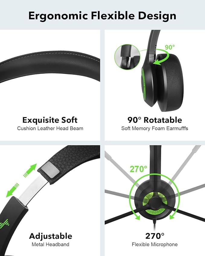 USB Headset with Mic for PC, On-Ear Computer Laptop Headphones with Noise Cancelling Microphone in-line Control for Home Office Online Class (USB+3.5mm, Green)