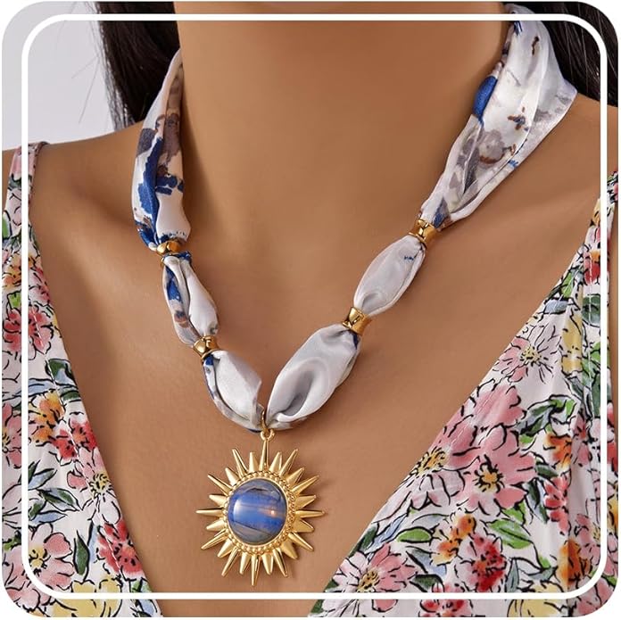 RINHOO FRIENDSHIP Silk Scarf Necklace for Women - Adjustable Boho Vintage Bandana Choker with 18K Non-Tarnish Gold Charms (Assorted Pendants & Patterns) Layered Jewelry Gift Box