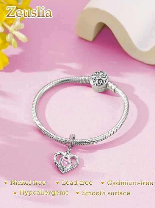 Heart Birthstone Charms for Bracelets, 925 Sterling Silver Women Bead Charms for Charm Bracelets Necklace, Mother's Day Birthday Anniversary Jewelry Gifts for Wife Mom Grandma Daughter