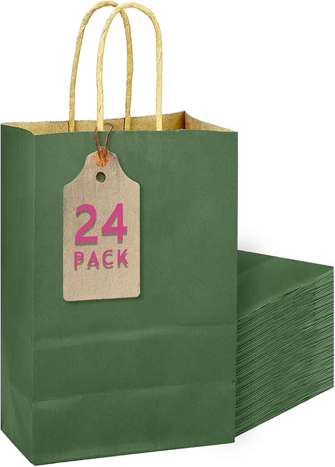 qiqee Dark Olive Green Gift Bag with Handles Bulk 24Pcs Paper Bags -10.6"x8.3"x4.3"Party Favor Bags - Solid Color