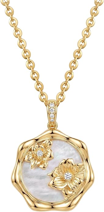MEVECCO Birth Flower Necklace For Women 18k Gold Plated Mother Of Pearl Disc Floral Pendant Necklace Dainty 12 Birth Month Flower Handmade Personalized Jewelry Anniversary Christmas Birthday Gifts