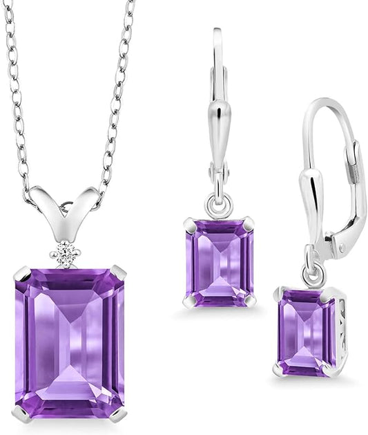 Gem Stone King 9-13 Cttw Pendant and Earrings Jewelry Set For Women | Emerald Cut 14X10MM and 8X6MM | Round 1.5MM | Gemstone Birthstone and Diamond | 925 Sterling Silver | 18 Inch Silver Chain