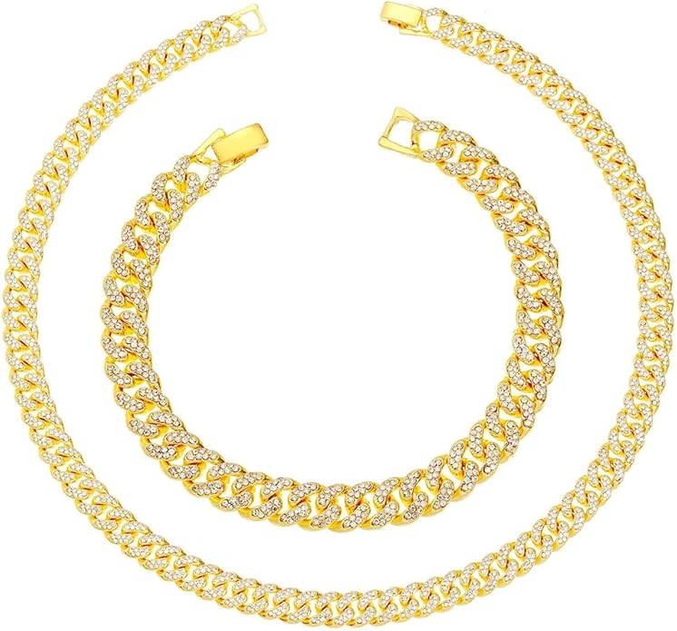 HH BLING EMPIRE 14k Gold/Silver Cuban Link Chain for Women Iced Out Diamond Chunky Cuban Link Necklace Chain Bracelet 2pcs Sets