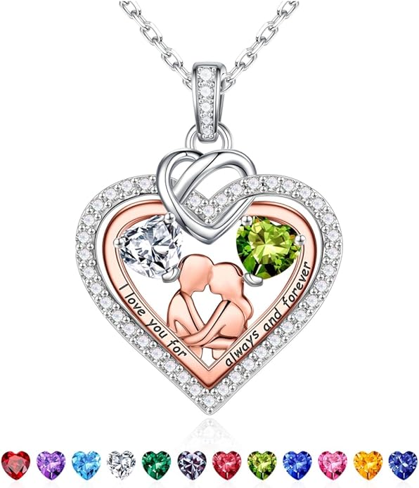 Iefil Valentines Day Gifts for Her - 925 Sterling Silver Double Heart Birthstone Necklace for Women, Anniversary Birthday Gifts for Wife I Love You Gift Couple Sitting Hugging Each Other Jewelry Gift