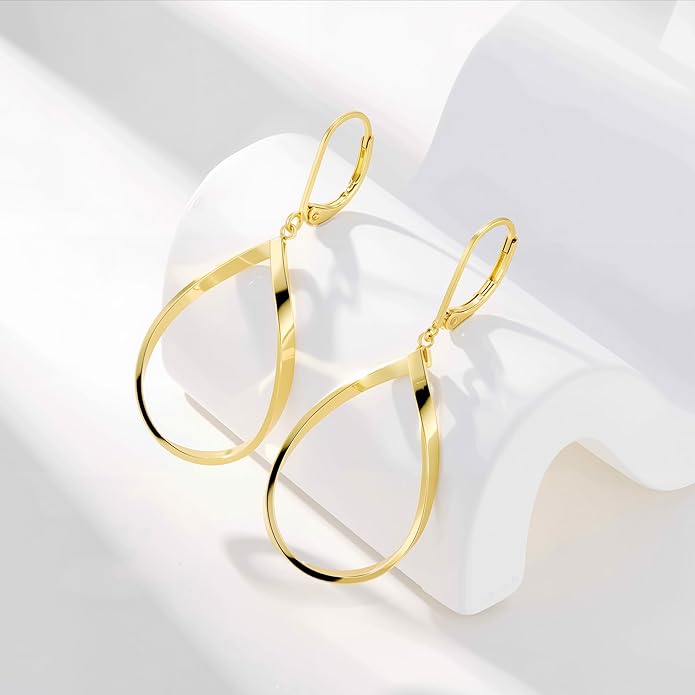 ALEXCRAFT 925 Sterling Silver Teardrop Leverback Earrings for Women Trendy Waterdrop Drop Twisted Dangle Earrings Jewelry 14K Gold Plated Hypoallergenic Boho Leverback Dangle Earring