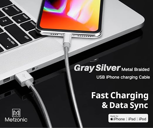 MFi Certified Metal Charger Cable 3.3FT Stainless Steel Braided Fast Charging USB Cable High Speed Connector Data Sync Compatible with iPhone/iPad Transfer USB Cord