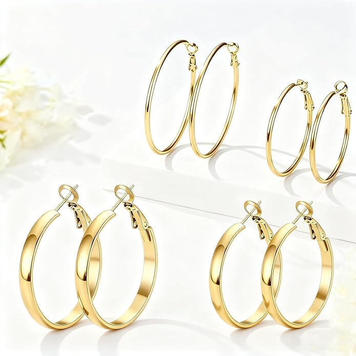 4 Pairs Silver Gold Hoop Earrings for Women | 14K Gold Plated Hoop Earrings Set Hypoallergenic Earring Lightweight Dangle Earrings Set