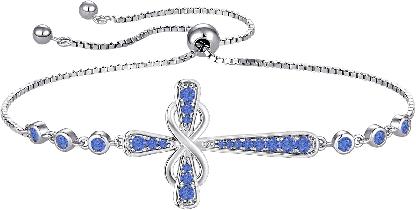 YL Cross Bracelet 925 Sterling Silver Infinity Sideways Link Bracelet Birthstone Jewelry for Women