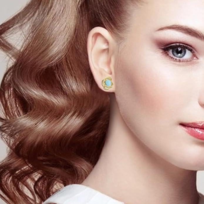 Larimar Stone Stud Earrings for Women, Gold Plated Brass