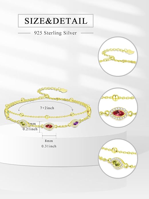 Evil Eye Birthstone Charm Link Bracelet 925 Sterling Silver Evil Eye Bracelet with 12 Months Birthstone Birthday Jewelry Gifts for Women Mom Her,Chain Length 7"+2" Extend