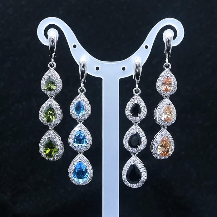 LMXXVJ Necklace Long Earrings Bracelet Set, White Gold Plated Created Blue Sapphire Jewelry Set Wedding Party Gift Jewelry for Women Bridal Bridesmaid