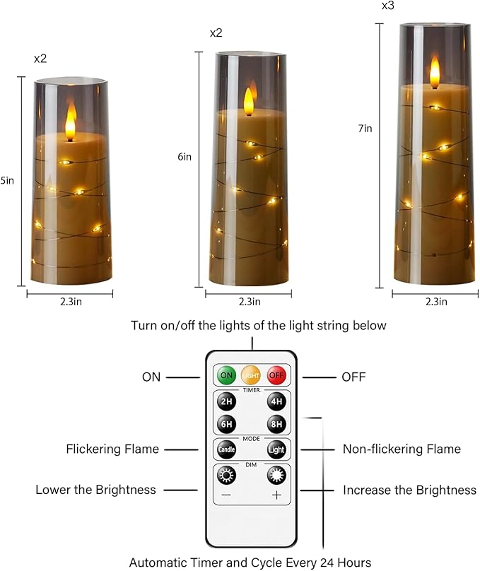 Flameless Candles with Embedded Star String, Battery Operated LED Pillar Candles with Timer and Remote Control,Home Decorating for Ambiance， Set of 7(Grey)