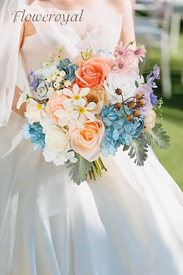 Floweroyal Artificial Flowers Combo Fairy Blue Flowers Mix Silk Flowers Fake Roses with Stems for DIY Wedding Bridal Bouquets, Baby Shower, Floral Arrangement, Table Centerpieces, Home Decorations.
