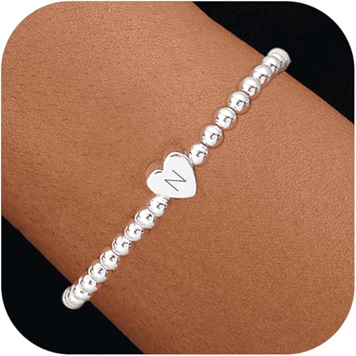 Valentines Day Gifts for Women Her - Dainty Beaded Heart Initial Bracelets Letter A-Z Charm Stretch Bead Ball Bracelet Trendy Jewelry Gifts