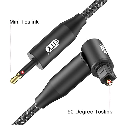 EMK Premium 90° Toslink to Mini Toslink Cable (3Ft/1M) - Right Angle Optical to 3.5mm Digital Optic Audio Cable for Soundbars, Home Theater - SPDIF Compatible, Black