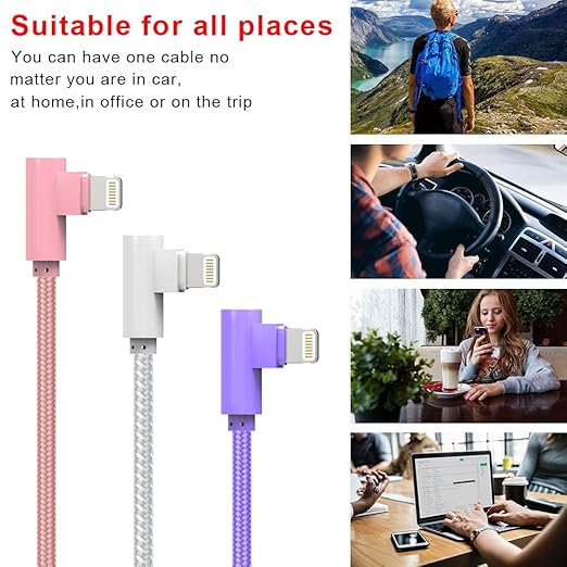 iPhone Charger 3 Pack 10FT USB A to Lightning Cables 90 Degree Charge Cable MFi Certified Nylon Braided Fast Charging Cord for iPhone 14/13/12/11/X/Max/8/7/6/6S/5/5S/SE/Plus/iPad
