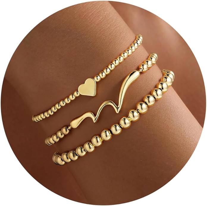 Turandoss Gold Bracelets for Women - Dainty 14K Gold Plated Bow Cross Beaded Bracelets for Women Stackable Heart Bead Bracelet Set Wave CZ Round Ball Bracelet Valentine's Day Gifts for Her