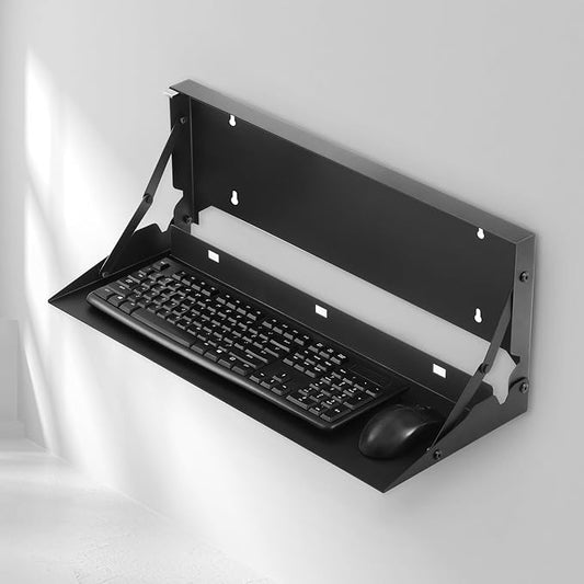 1 Pcs 24 Inch Keyboard Wall Mount Foldable Fits Standard Computer Keyboard Mouse Stand Tray Organizer for Small Offices Apartments, Easy Installation with 4 Screws (Black)