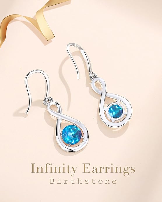 FANCIME Valentines Day Gift Dangle Drop Earrings 925 Sterling Silver Dainty Infinity Round Gemstone Birthstone Jewelry Birthday Gifts for Her Women